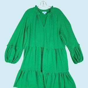 CECE Dress Women's Large Green V-neck Ruffle Tiered Clip-Dot Long Sleeve Shift